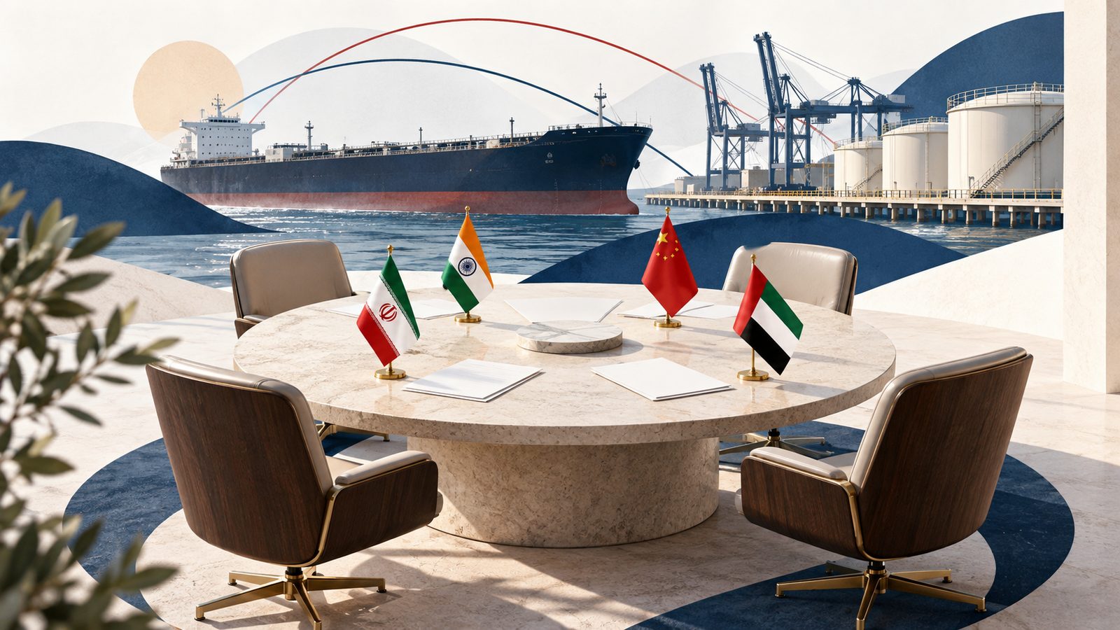 Ilustración editorial de una mesa con banderas y un puerto al fondo. No representa una reunión real.